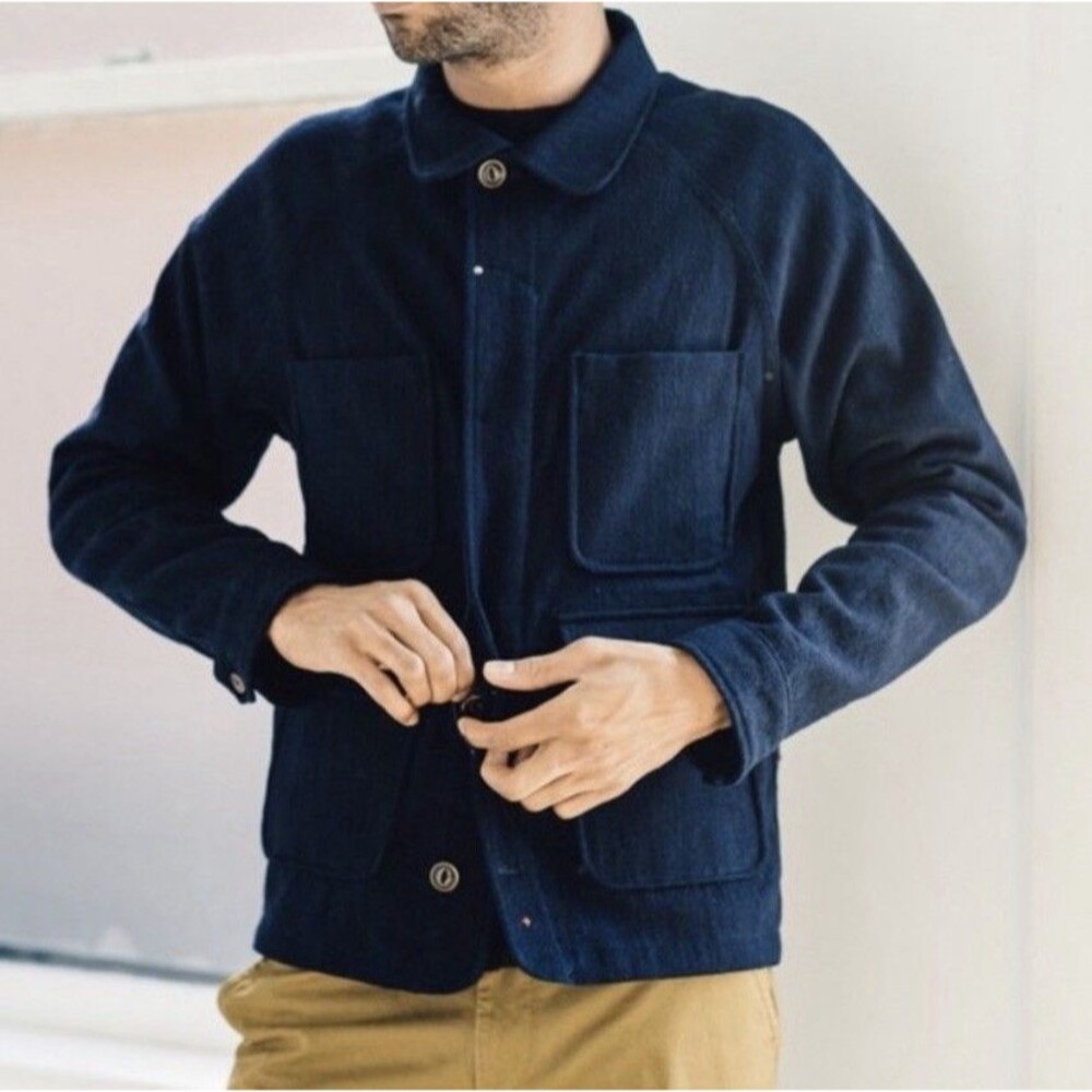 Apolis Indigo Chore Coat Dark Wash Utility Pockets XS Imperfect Mendedl